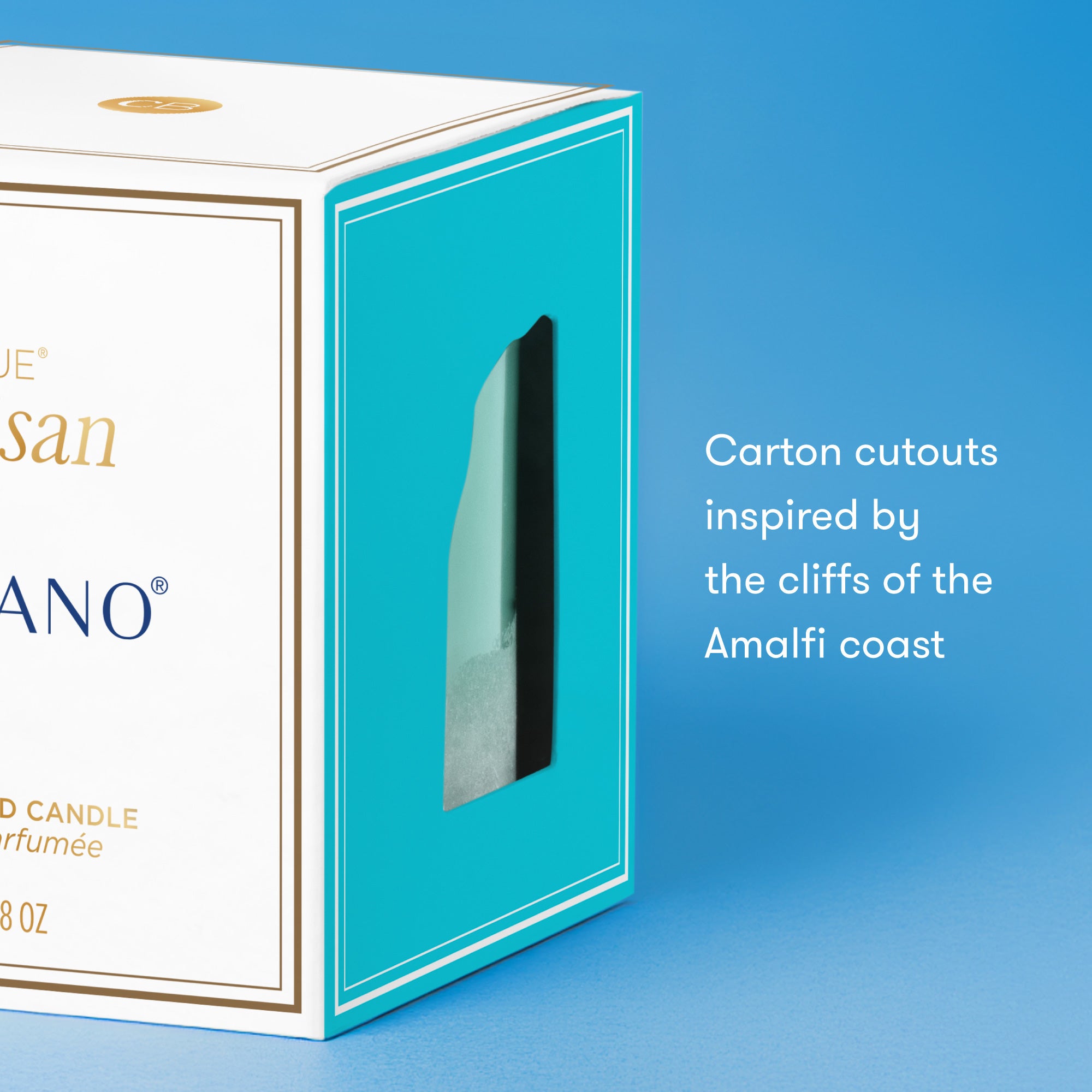 Candle packaging with blue and white design on a blue background