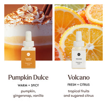 Two bottles of fragrance refills labeled 'Pumpkin Dulce' and 'Volcano' with corresponding scents below.