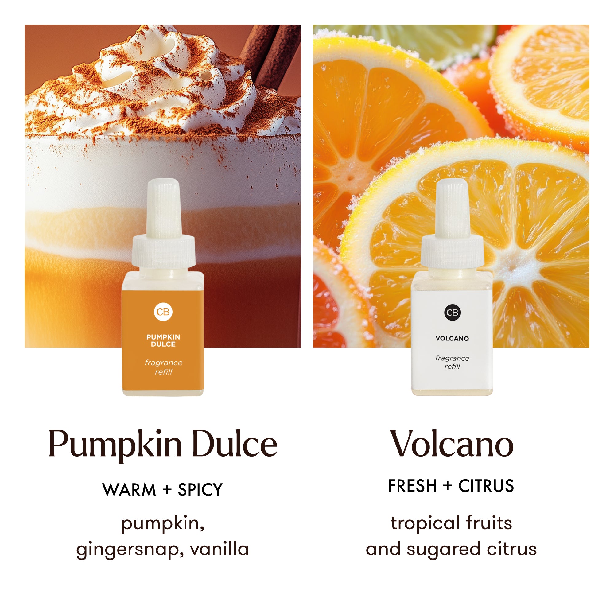 Two bottles of fragrance refills labeled 'Pumpkin Dulce' and 'Volcano' with corresponding scents below.