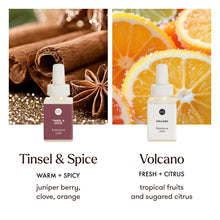 Two bottles of fragrance refills labeled 'Tinsel & Spice' and 'Volcano' with their respective scents and ingredients.