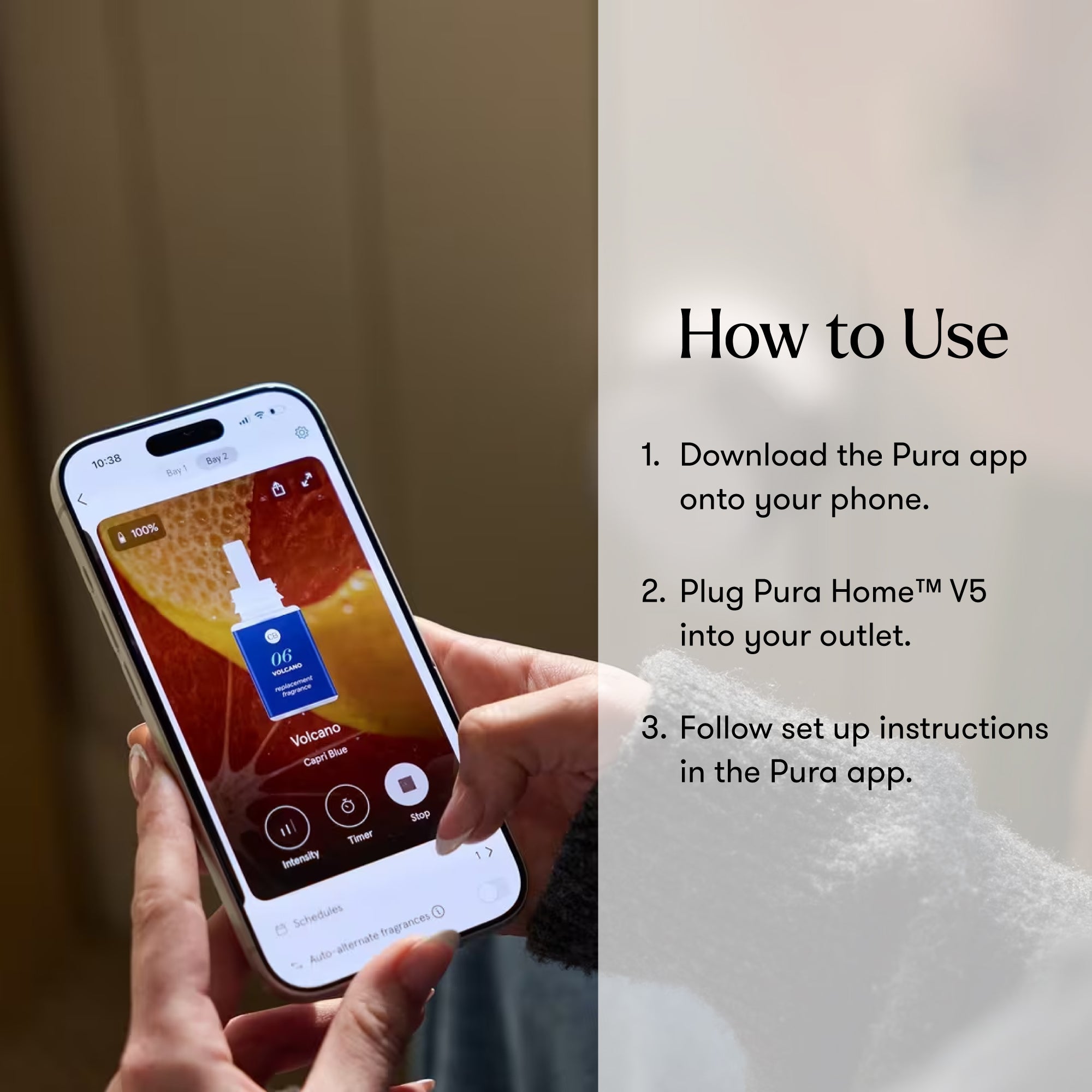 Hand holding a smartphone with Pura app interface, showing steps to use the Pura Home V5 device.