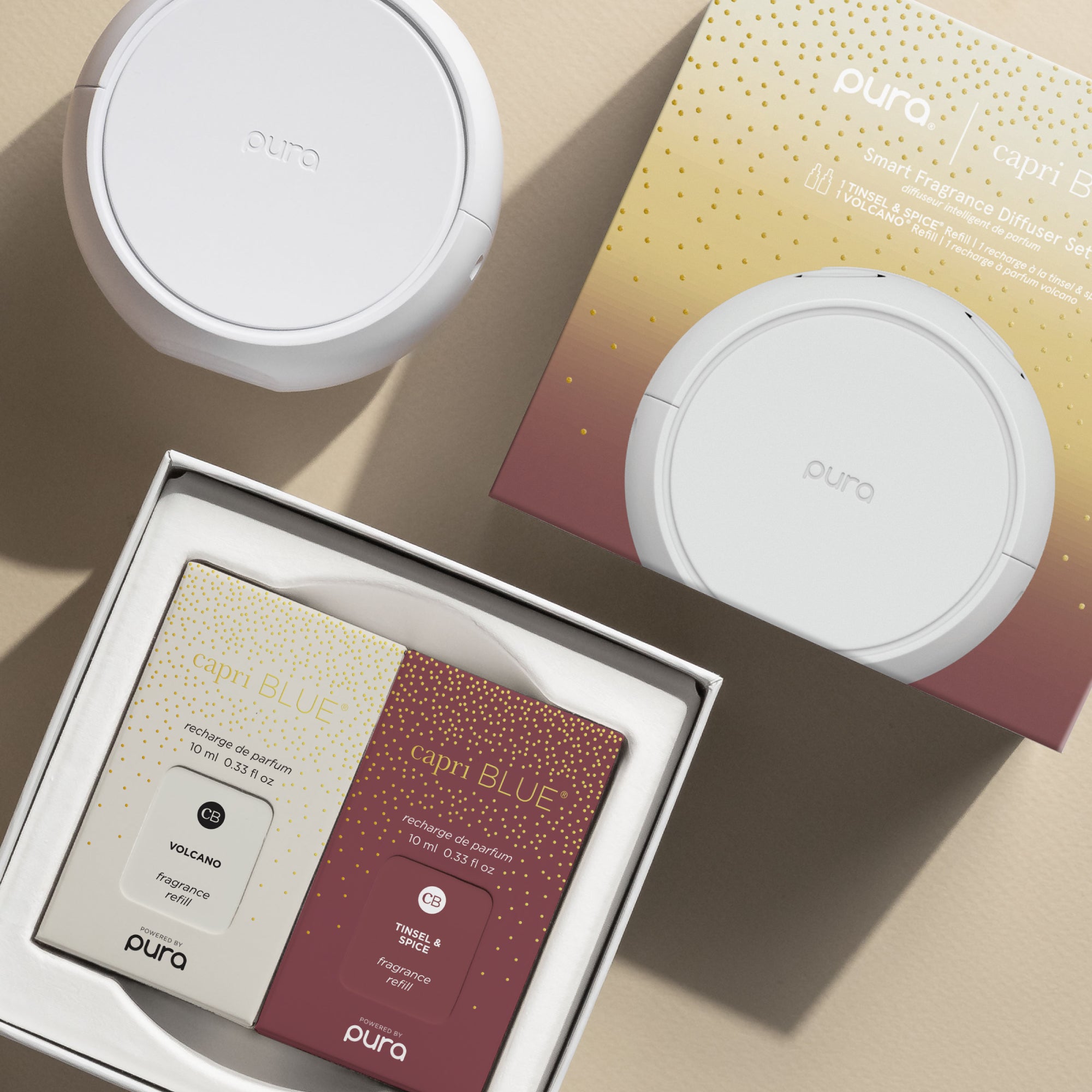 Puro diffuser and packaging on a beige surface