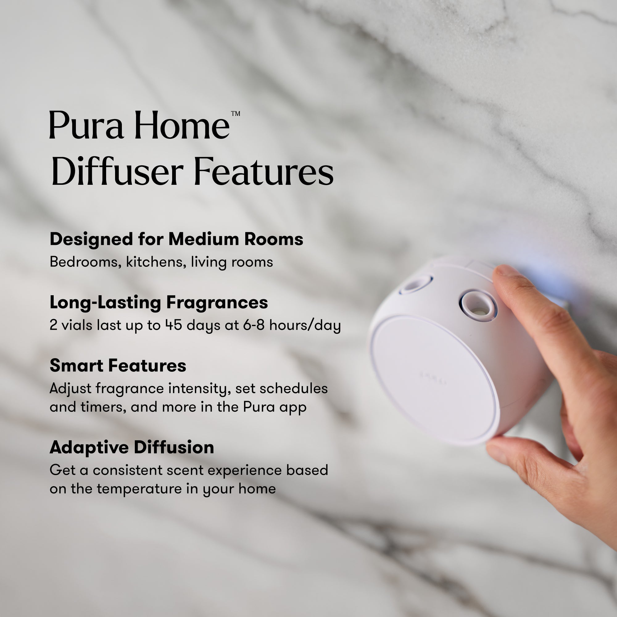 Pura Home diffuser with text on a marble background