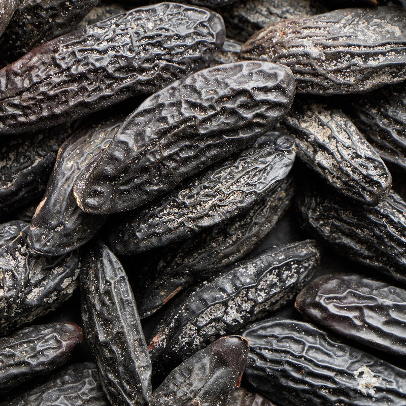 A close-up pile of dark brown to black textured seeds or nuts with a rough, wrinkled surface.