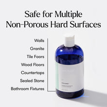Bottle of Volcano cleaning solution with text about surface safety on a white background