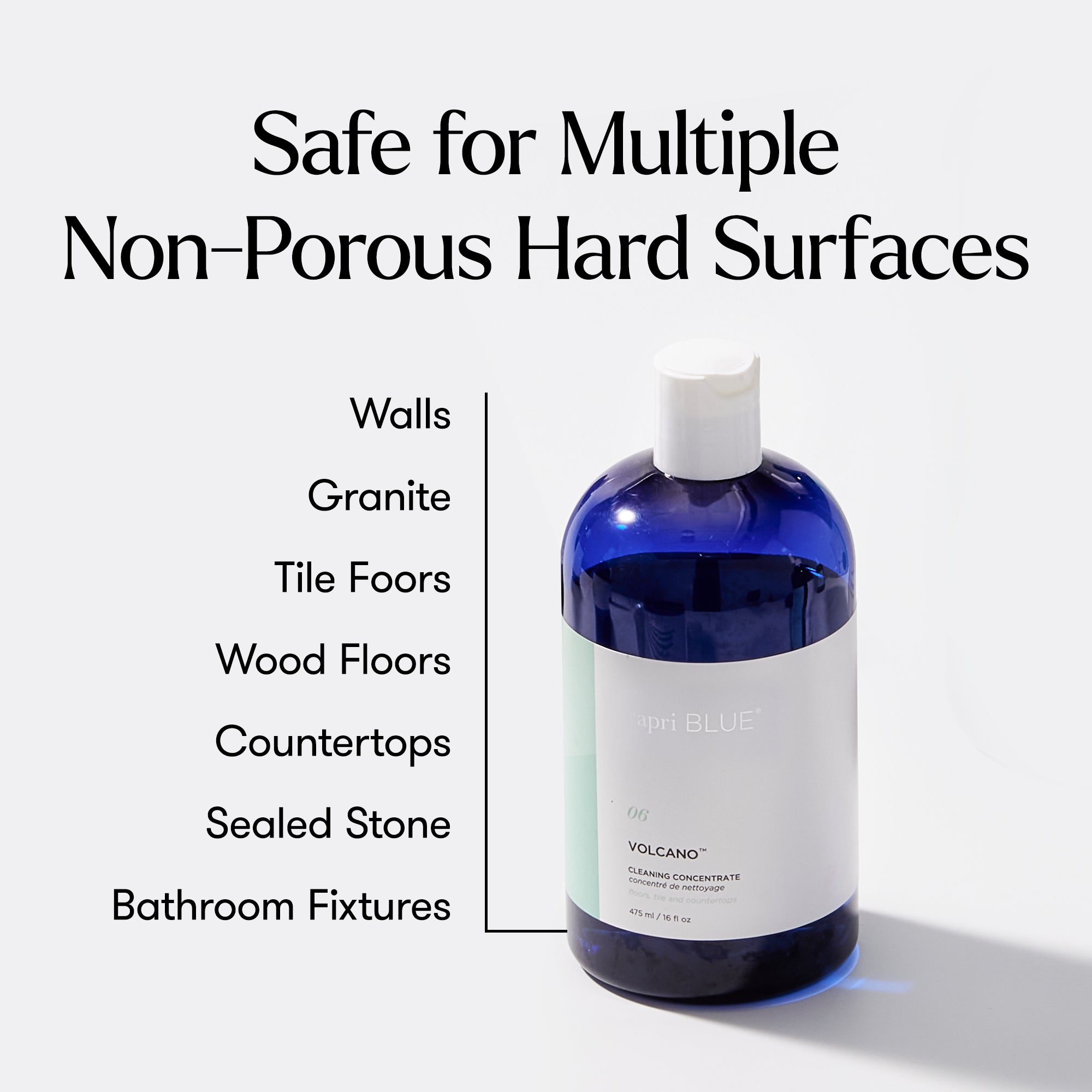 Bottle of Volcano cleaning solution with text about surface safety on a white background