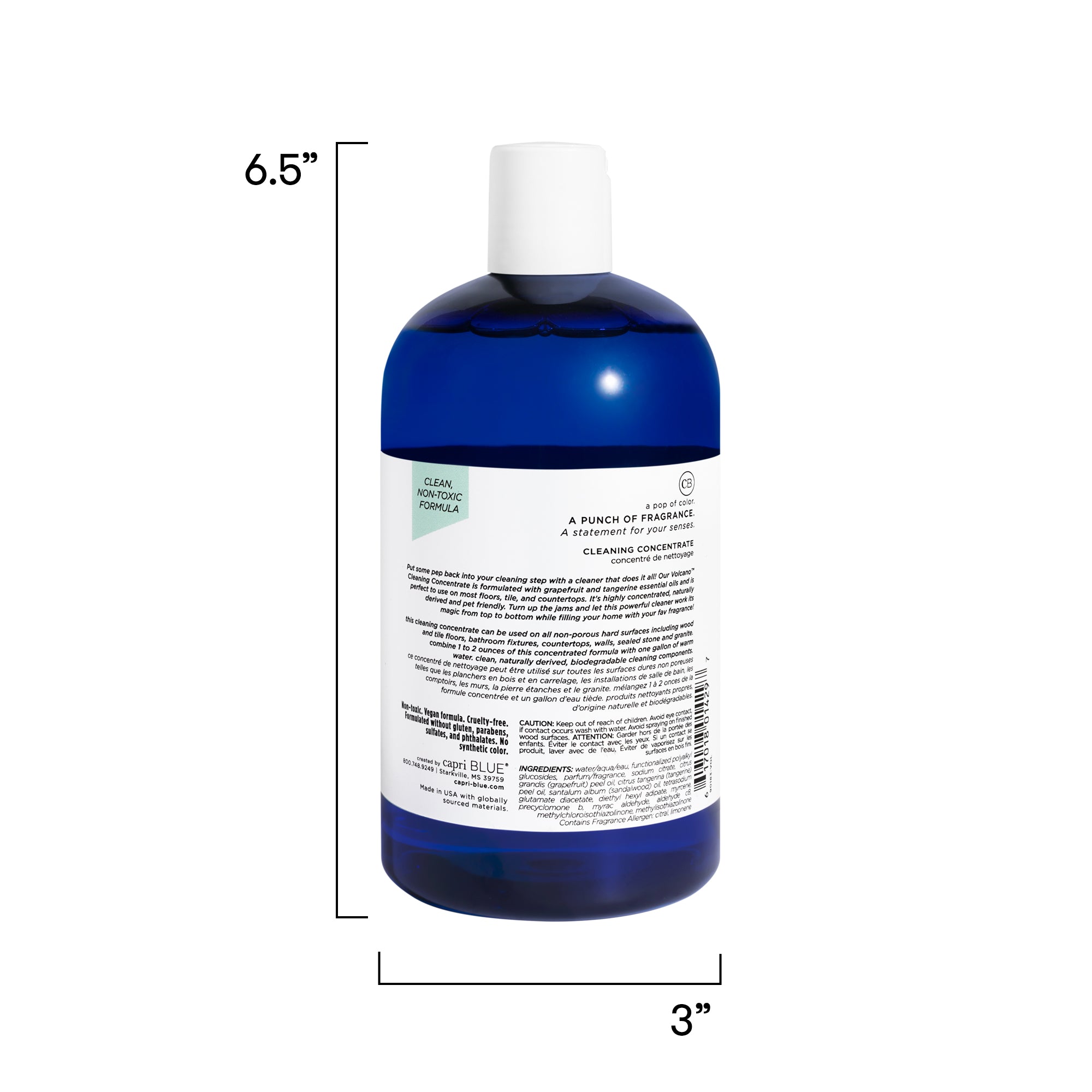 Blue bottle with white label on a white background