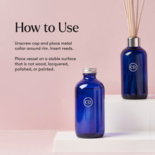 Blue diffuser bottles with reeds on a pink background, featuring 'CB' logo.