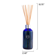 Blue diffuser bottle with wooden sticks and measurements on a white background