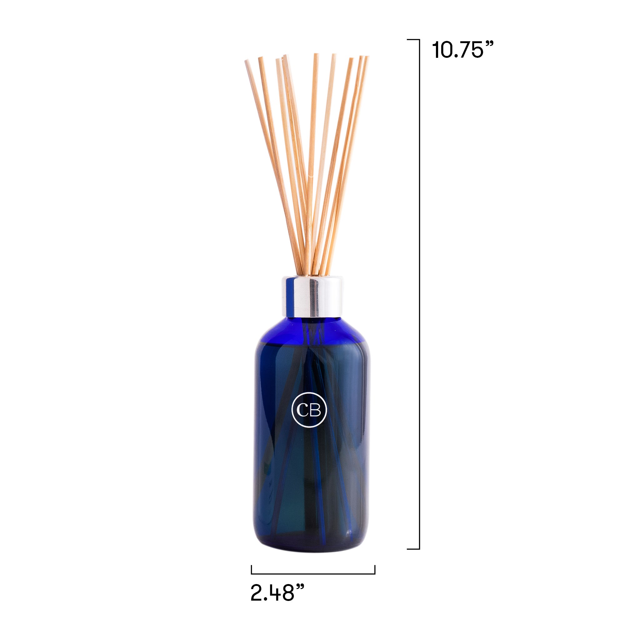 Blue diffuser bottle with wooden sticks and measurements on a white background