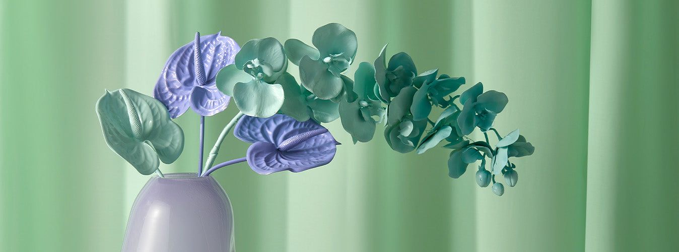 Green and purple floral plant in a vase on a green background