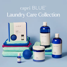 capri BLUE laundry care collection with bottles, towels, and balls on a blue background