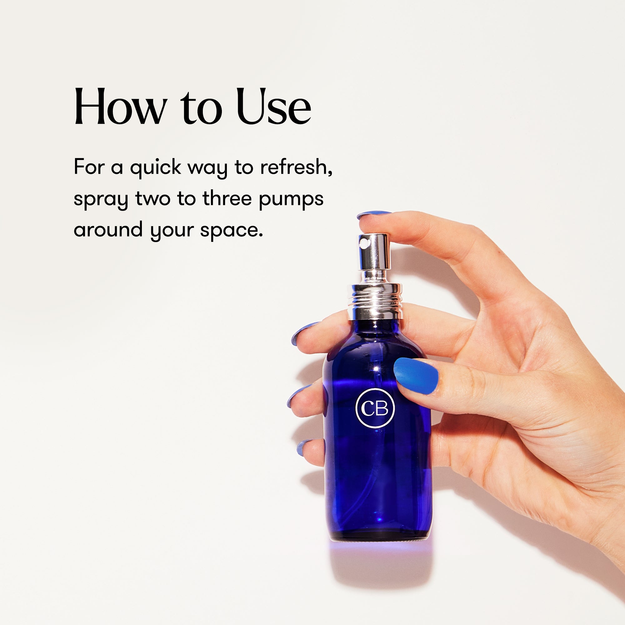 Hand holding room spray on a beige background with 'How to Use' text and instructions