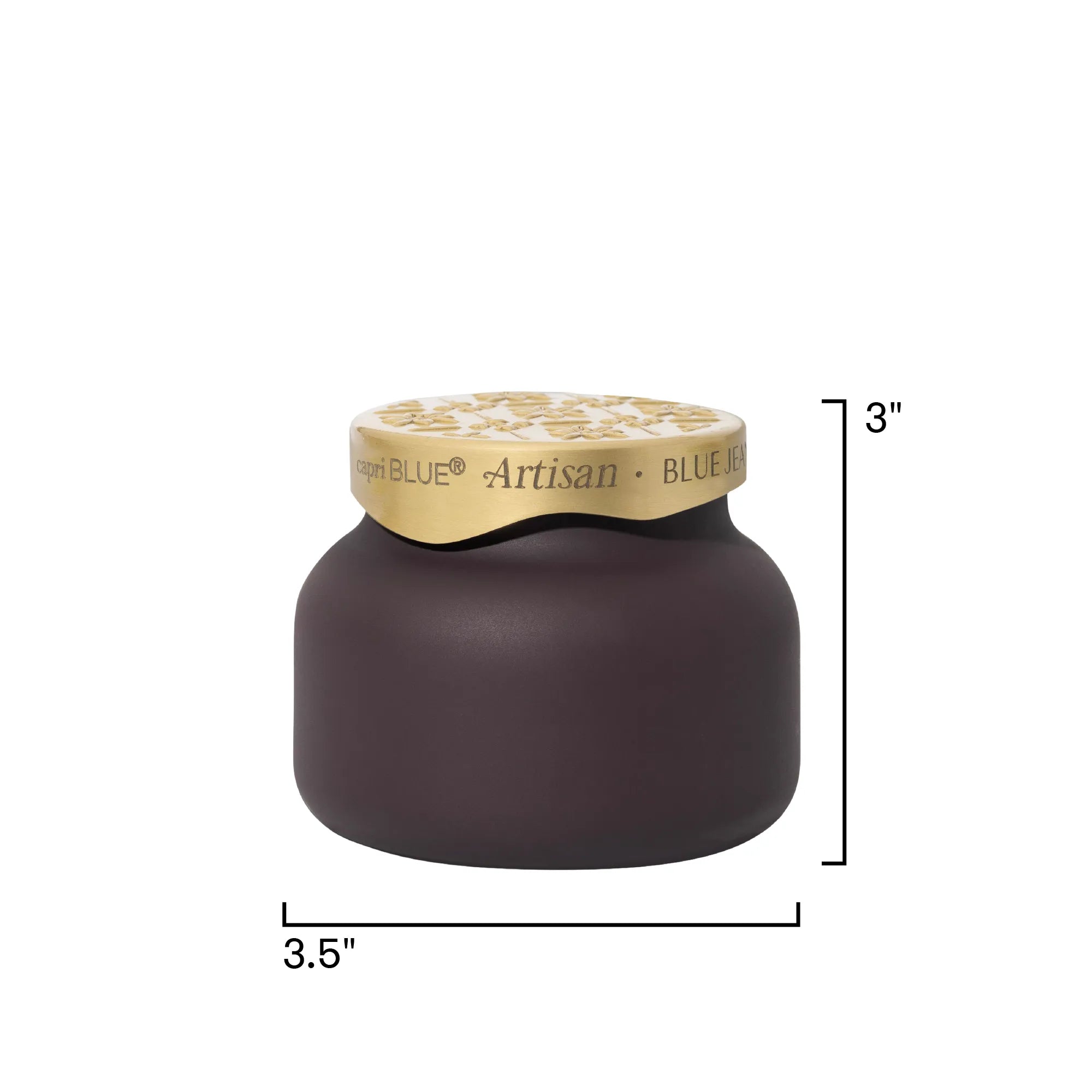 A dark brown jar candle with a gold lid, shown with dimension lines indicating a height of 3 inches and a width of 3.5 inches on a white background.