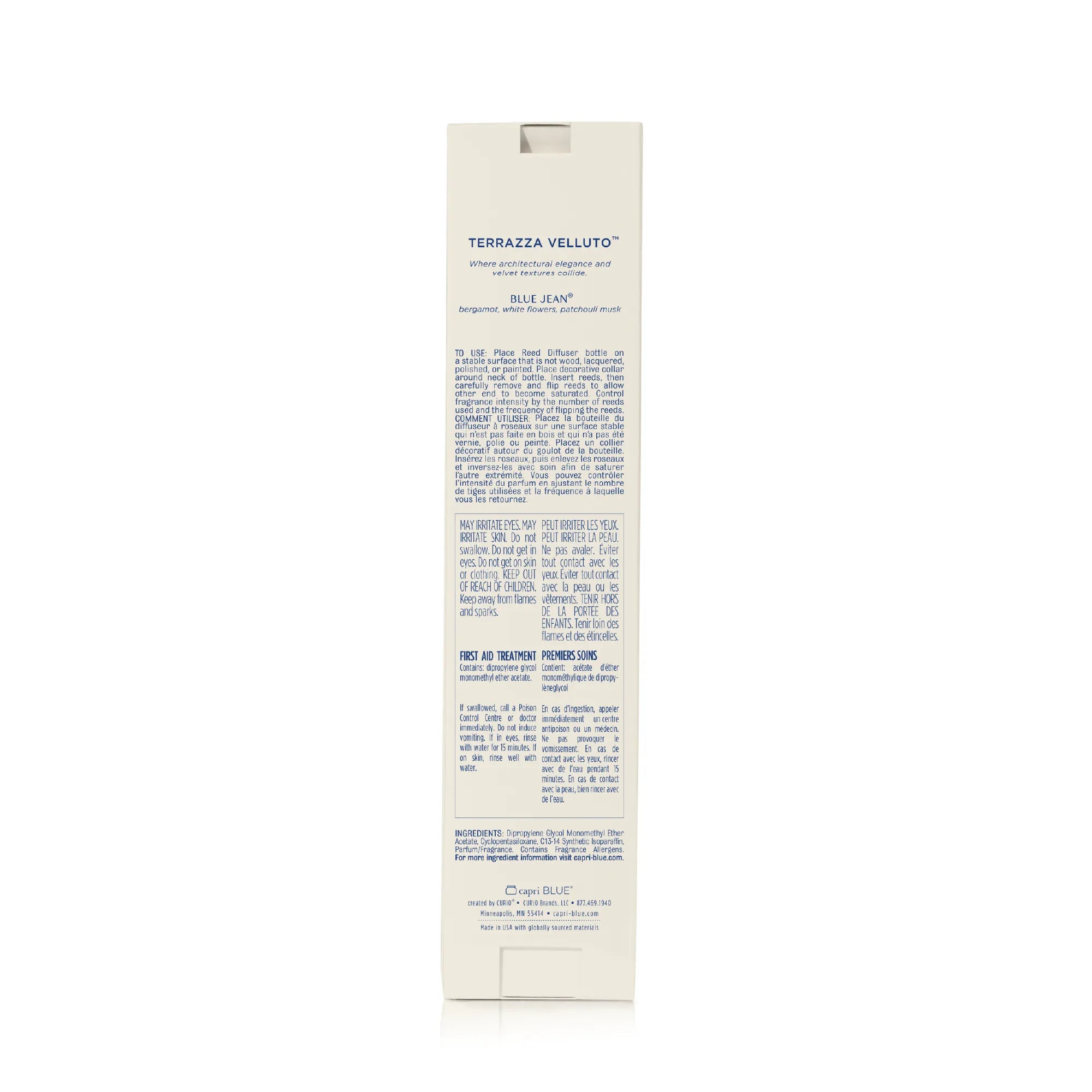 A tall, narrow cream-colored box showing the back side with blue text, photographed against a plain white background.