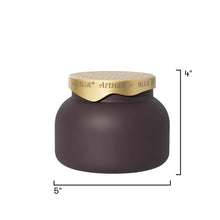 A dark brown matte jar with a light wood lid and a gold metal band, shown with black dimension lines indicating a height of 4 inches and a width of 5 inches on a white background.