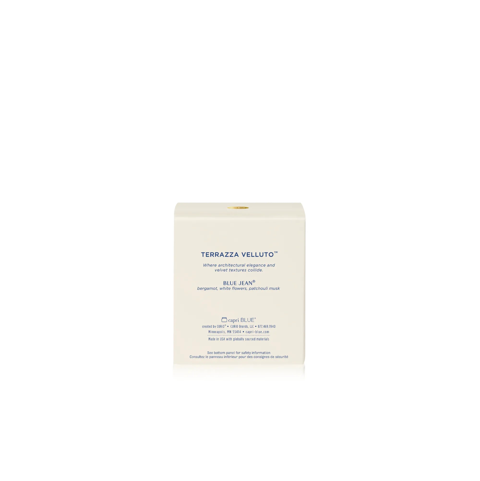 A cream-colored rectangular product box for TERRAZZA VELLUTO Blue Jean, featuring blue text and a small gold accent at the top, set against a plain white background.