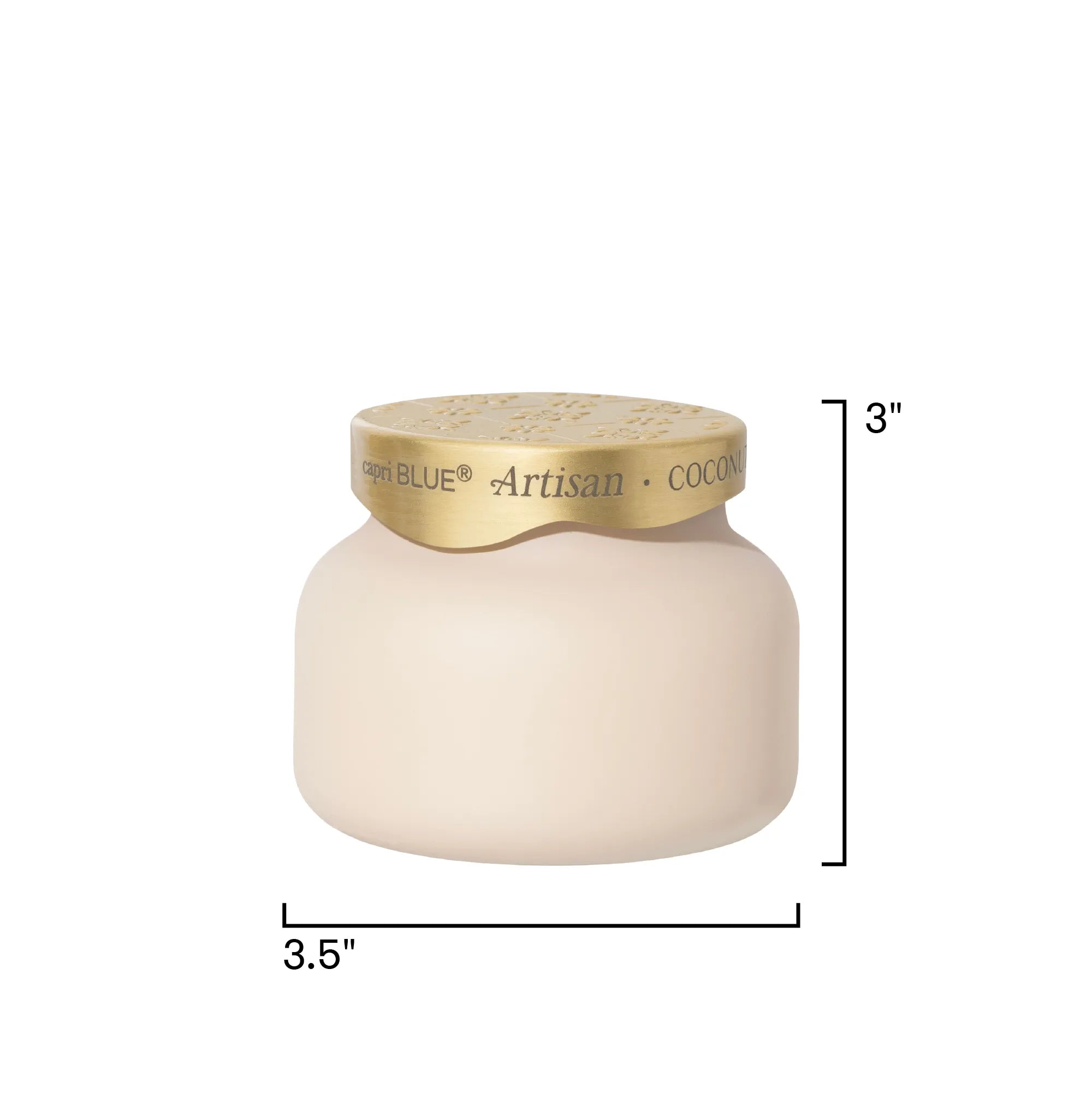 A cream-colored cosmetic jar with a metallic gold lid, shown with black dimension lines and text indicating a height of 3 inches and a width of 3.5 inches.