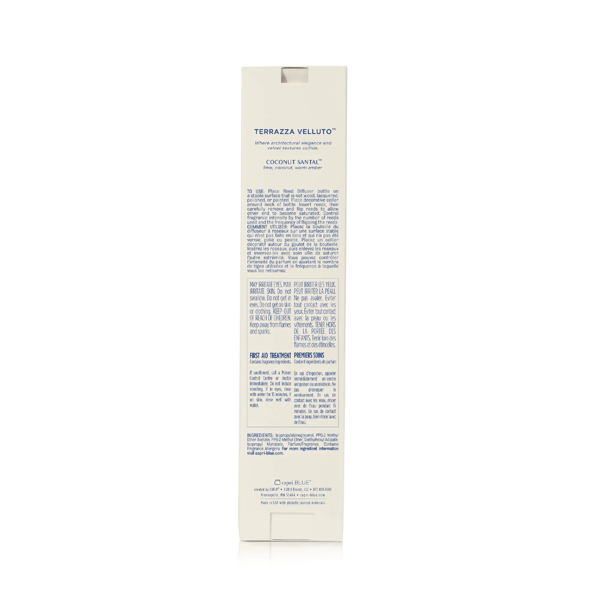 A tall, narrow cream-colored product box with blue text, shown upright against a plain white background.