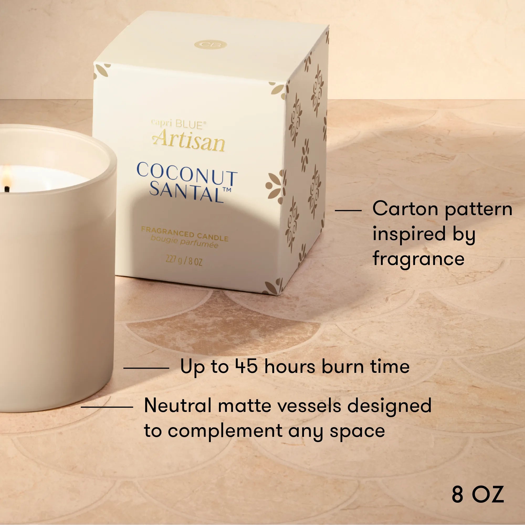 A 120 g scented candle by Sea Blue Artisan in a white carton with floral patterns, shown next to a matte white candle vessel on a beige patterned surface. Text on the image highlights the carton design, long burn time, and neutral vessel.