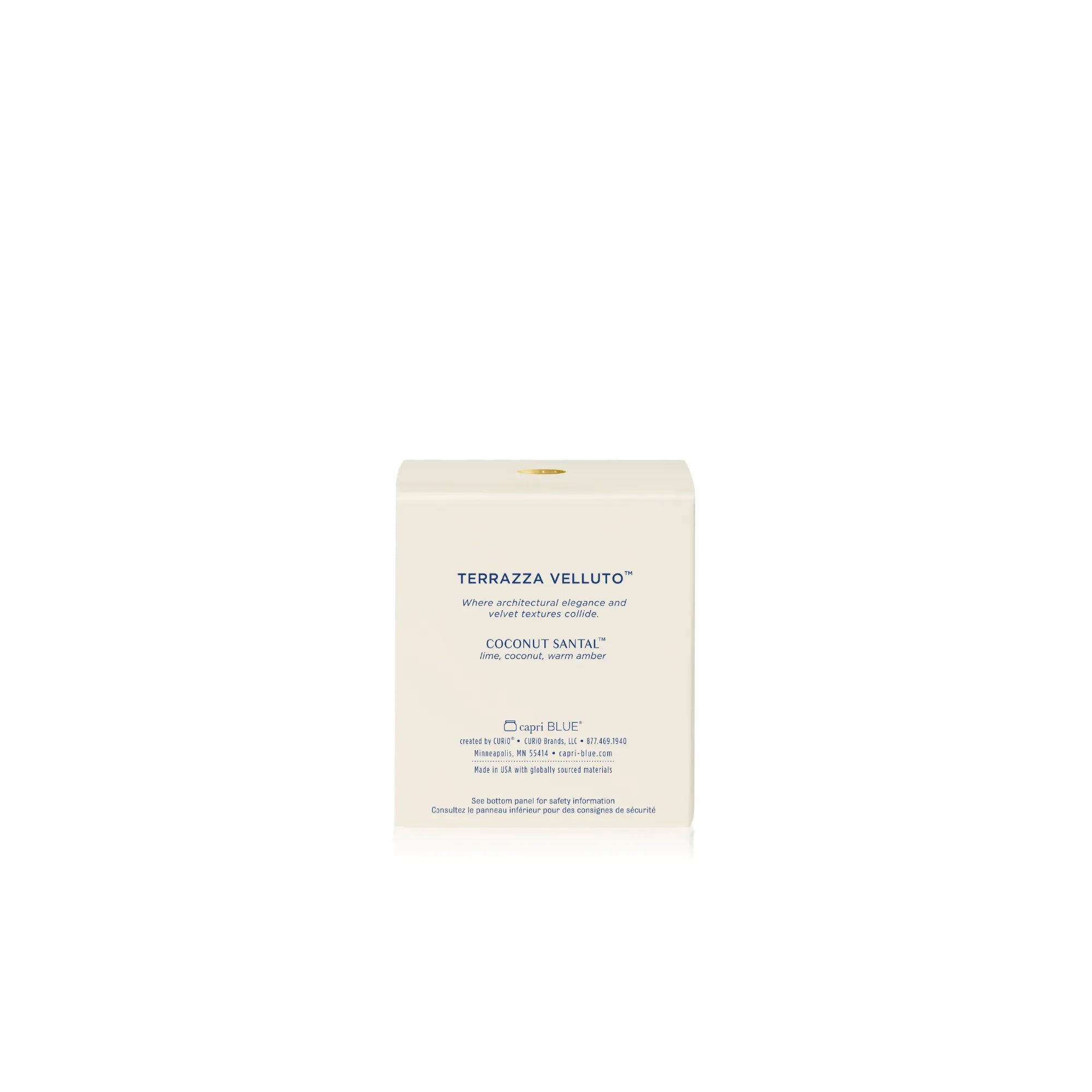 A cream-colored rectangular box for TERRAZZA VELLUTO Coconut Sandal light blue makeup foundation, shown on a clean white background.