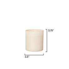 A small cylindrical candle in a matte cream or off-white finish, shown on a plain white background with black dimension lines and text indicating a height of 3.75 inches and a width/depth of 3.