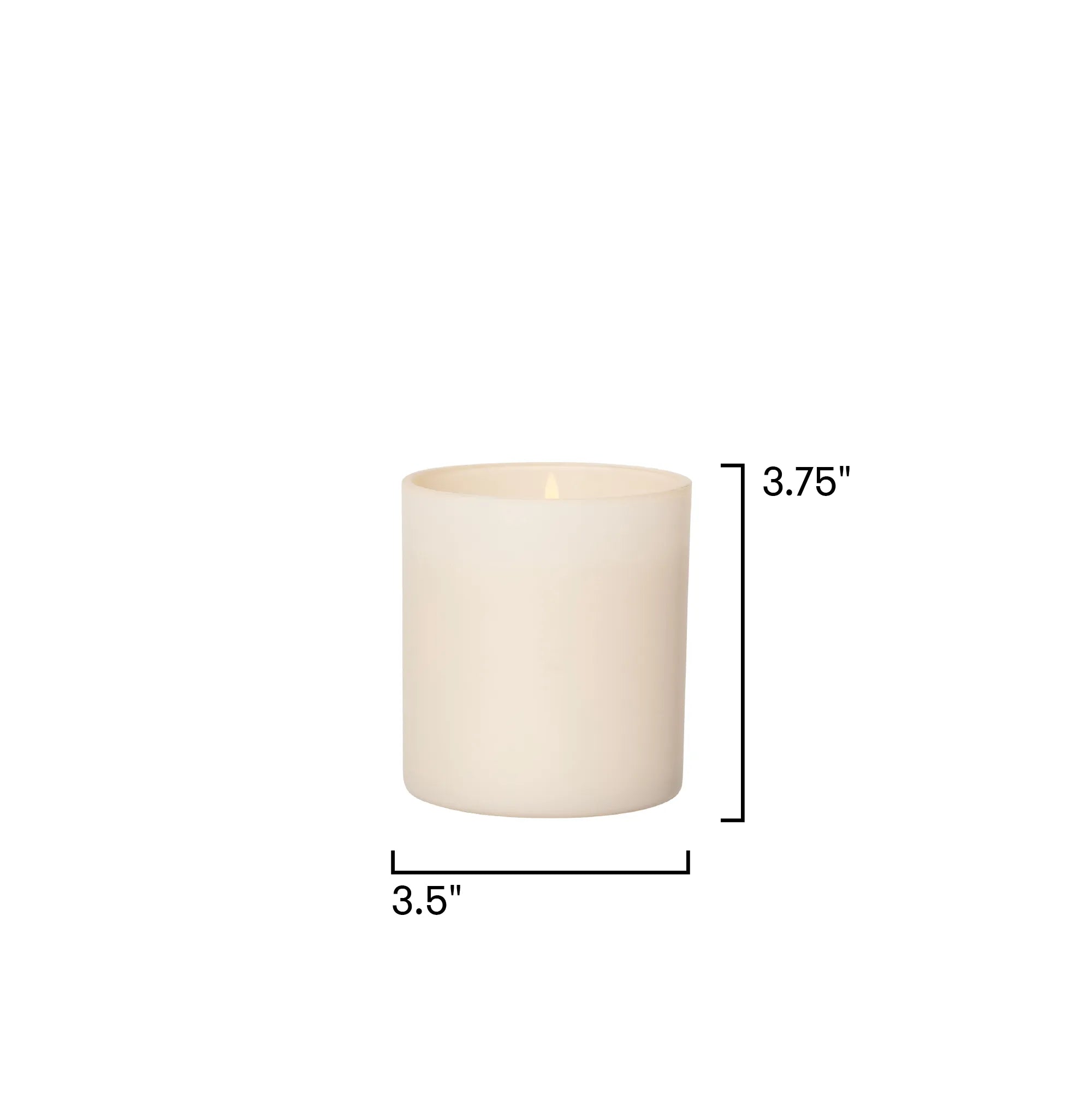 A small cylindrical candle in a matte cream or off-white finish, shown on a plain white background with black dimension lines and text indicating a height of 3.75 inches and a width/depth of 3.
