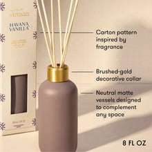 A reed diffuser bottle in matte taupe with a brushed gold collar and natural reeds, shown beside its branded box. Text callouts describe the carton pattern, brushed-gold collar, and neutral matte vessel design.