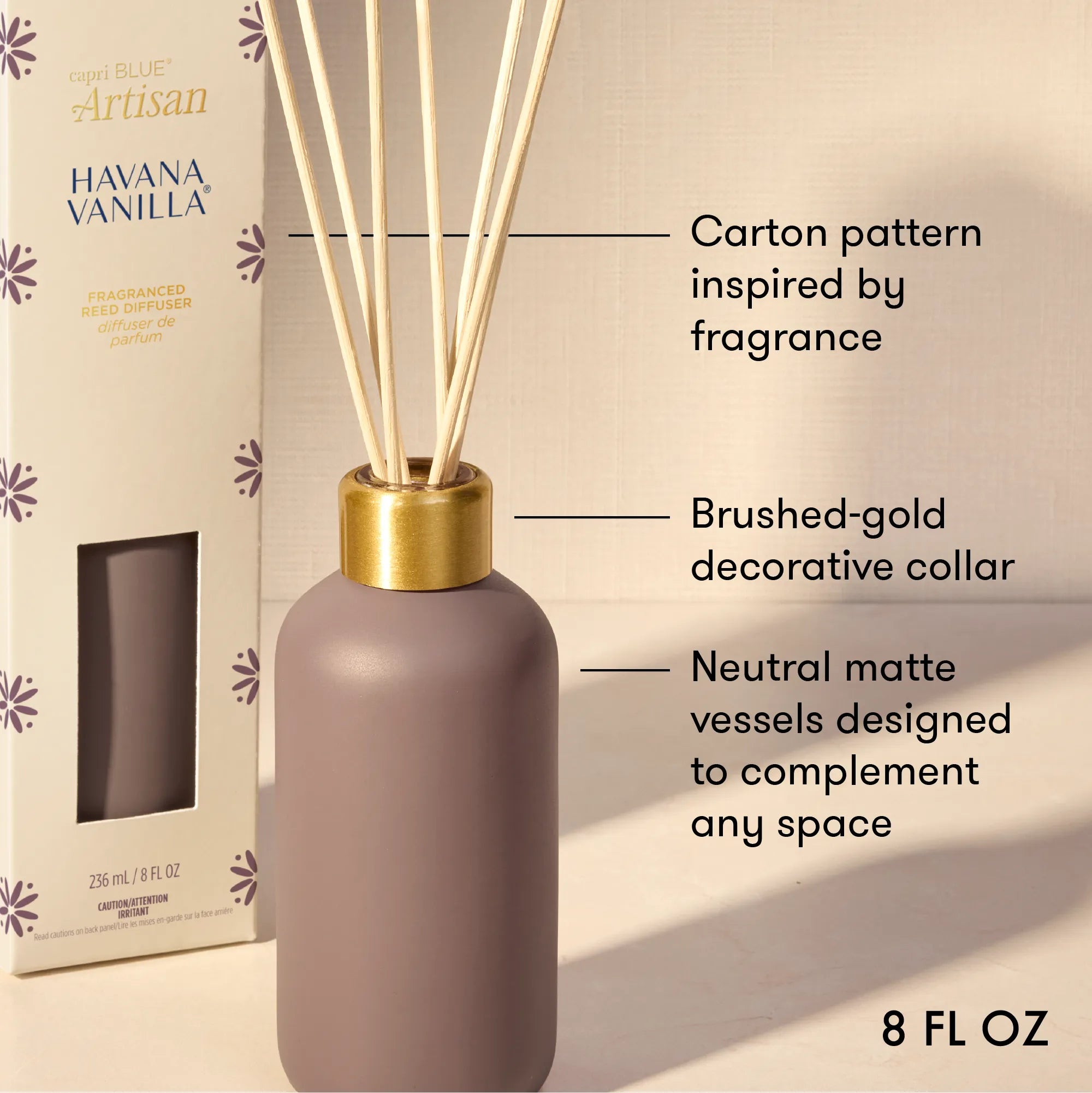 A reed diffuser bottle in matte taupe with a brushed gold collar and natural reeds, shown beside its branded box. Text callouts describe the carton pattern, brushed-gold collar, and neutral matte vessel design.