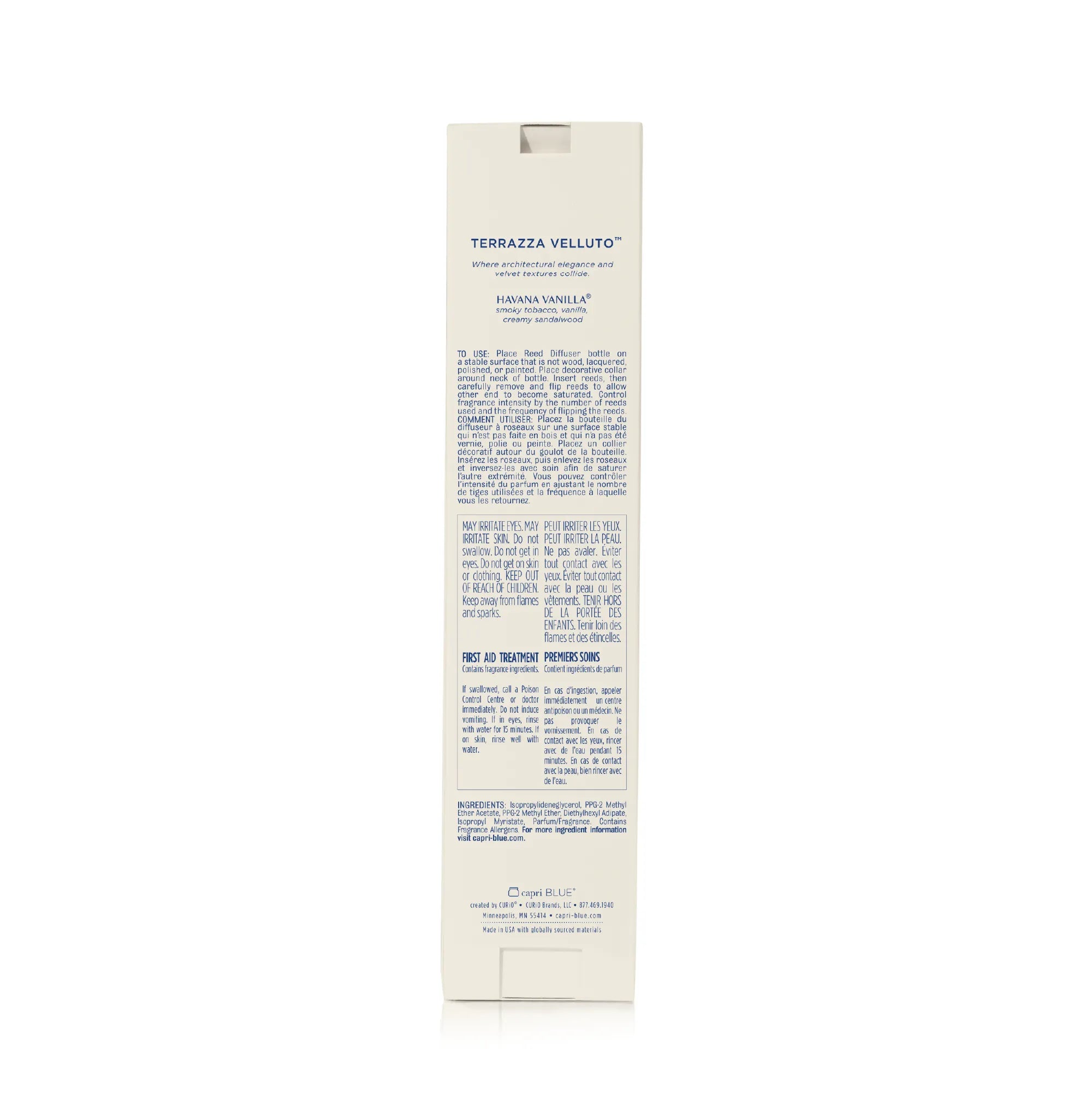 A tall, narrow cream-colored box for Terrazza Velluto Banana Vanilla fragrance, showing the back side with blue text, photographed on a clean white background.