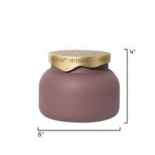 A matte mauve-pink ceramic candle jar with a gold metallic lid, shown with black dimension lines indicating a height of 4 inches and a width of 5 inches on a white background.
