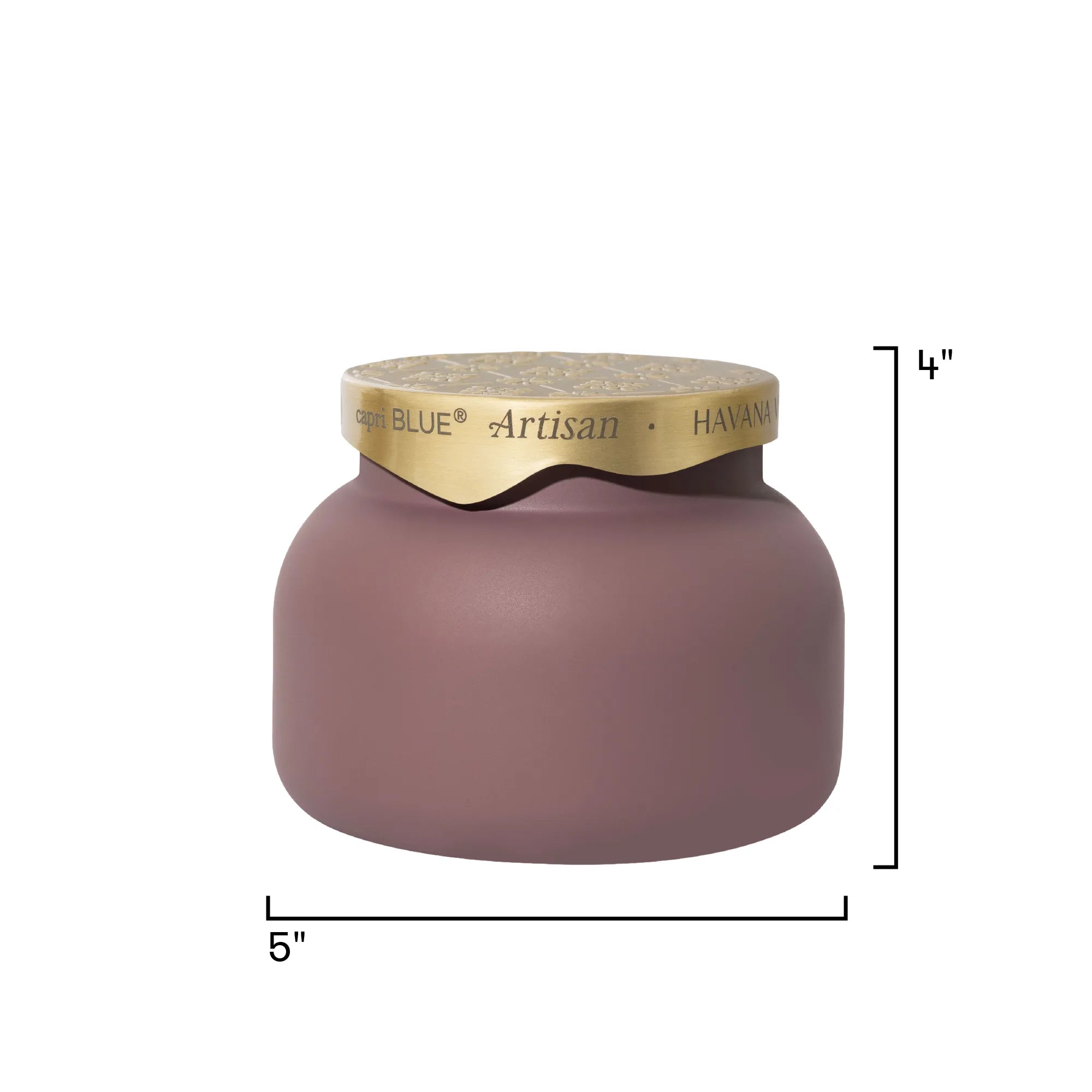 A matte mauve-pink ceramic candle jar with a gold metallic lid, shown with black dimension lines indicating a height of 4 inches and a width of 5 inches on a white background.