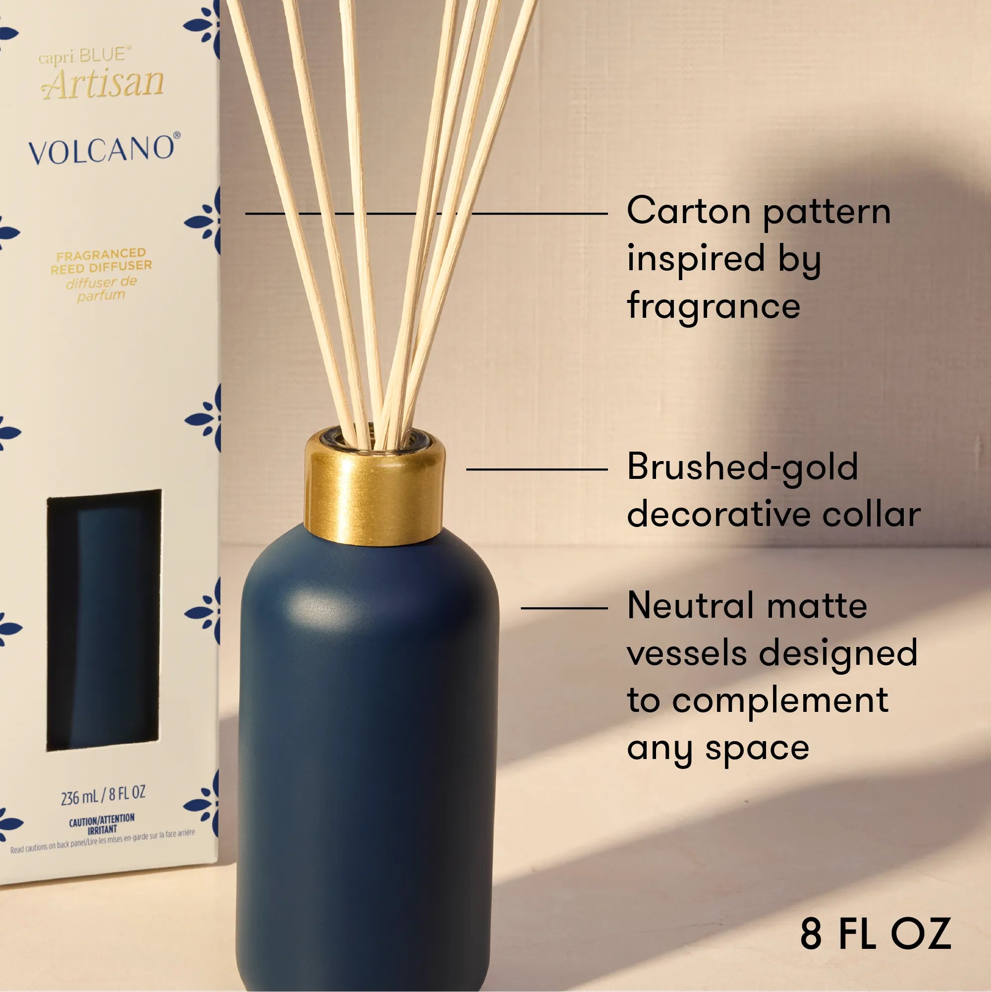 A reed diffuser bottle in matte navy blue with a brushed gold collar and natural reeds, shown beside its branded box. Text callouts describe the carton pattern, decorative collar, and vessel design.