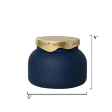 A navy blue paint can with a gold metallic lid, shown on a white background with black dimension lines indicating 5 inches in diameter and 4 inches in height.