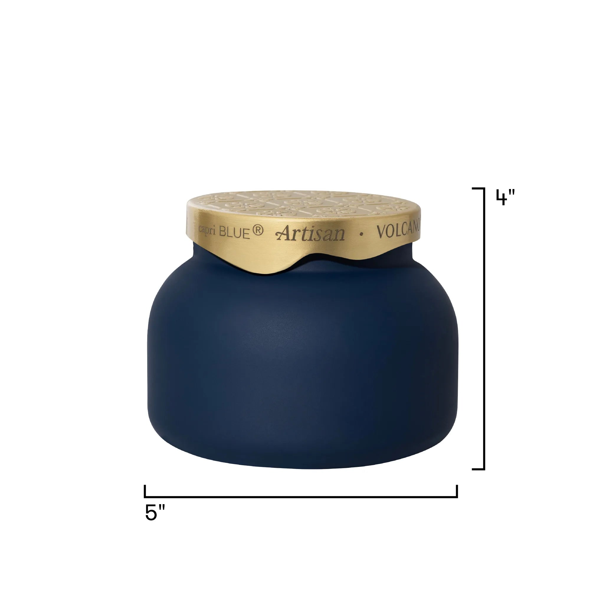 A navy blue paint can with a gold metallic lid, shown on a white background with black dimension lines indicating 5 inches in diameter and 4 inches in height.