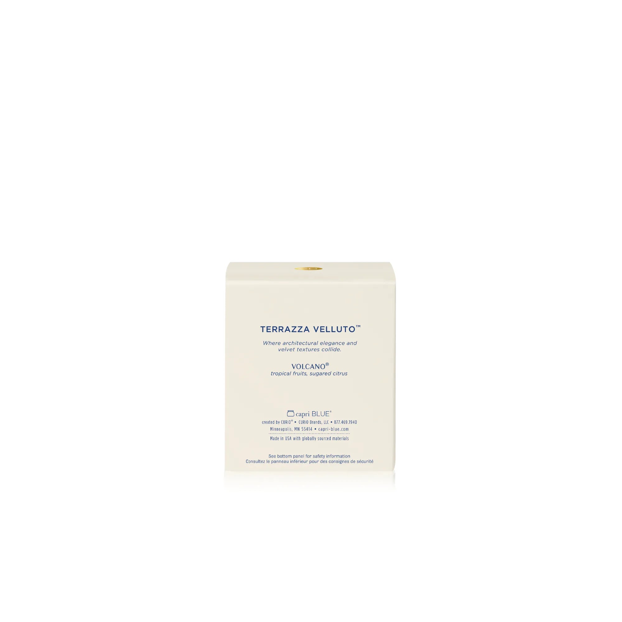 A cream-colored rectangular box for Terrazza Veluto VolcanoP wood floor polish, shown against a plain white background with a soft reflection underneath.