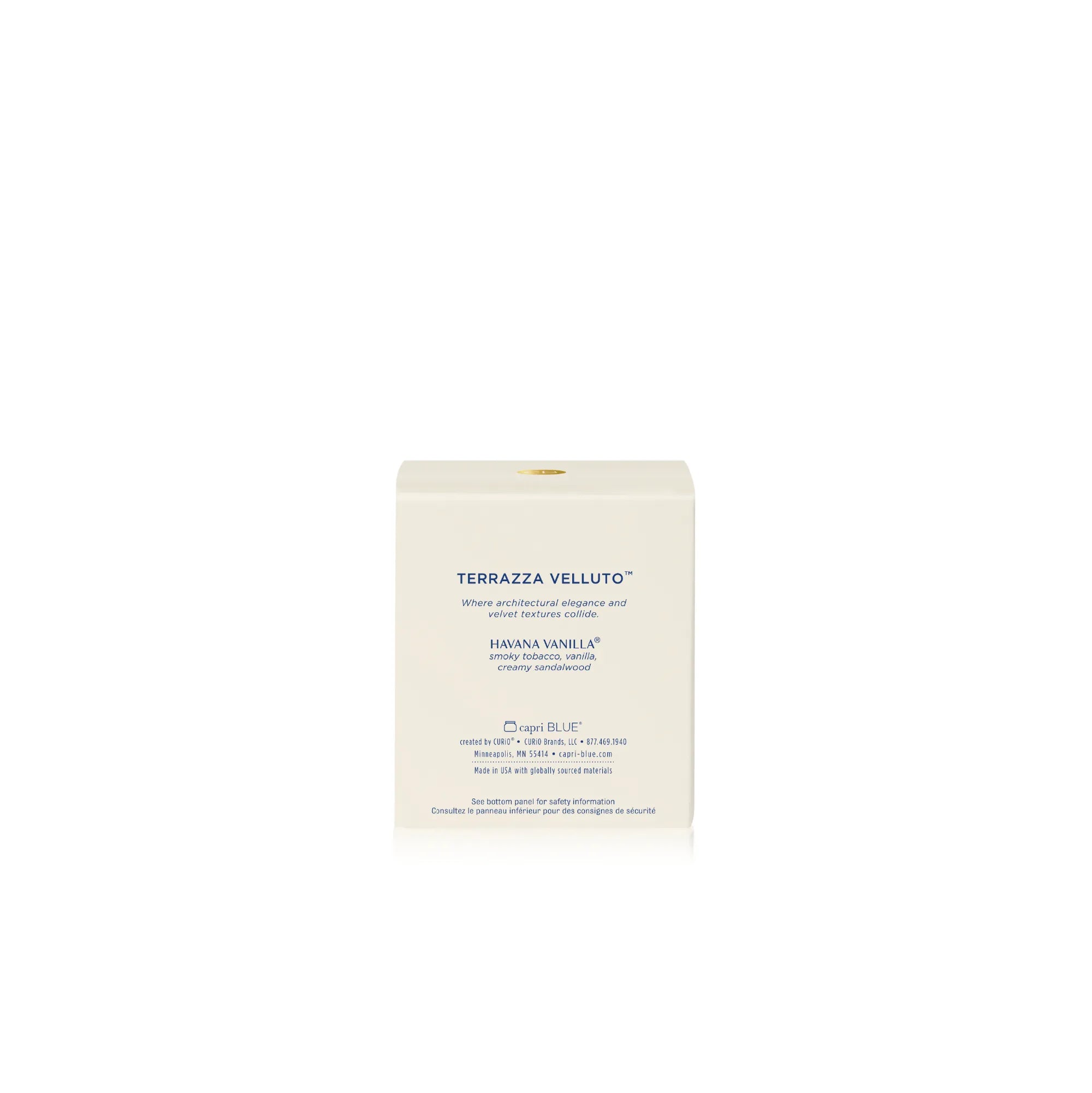 A cream-colored rectangular box for Terrazza Veluto Havan Vanilla light blue tea, shown against a plain white background.