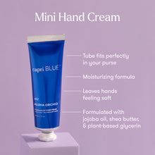 Blue tube of capri BLUE hand cream on a purple background with text highlighting features.