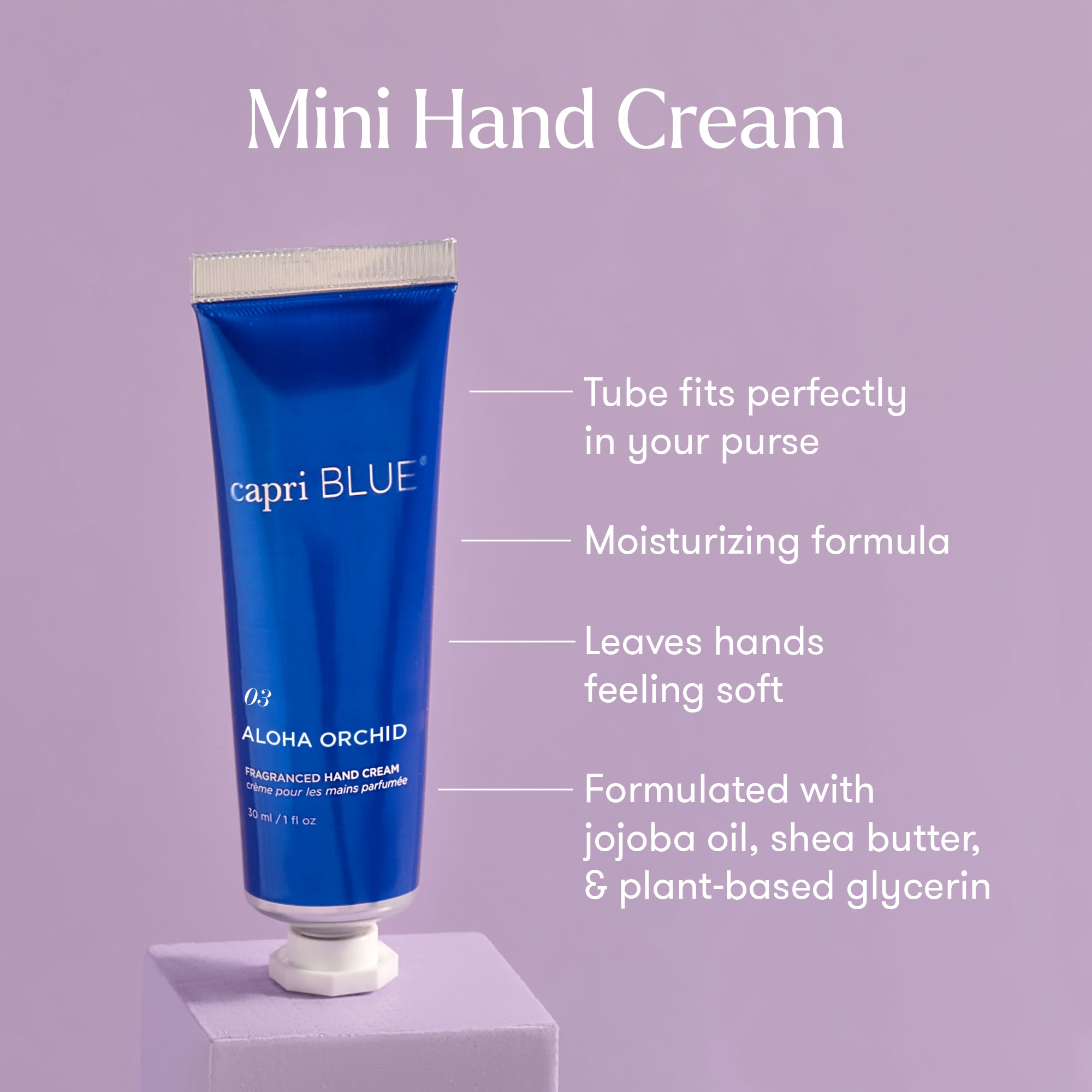 Blue tube of capri BLUE hand cream on a purple background with text highlighting features.