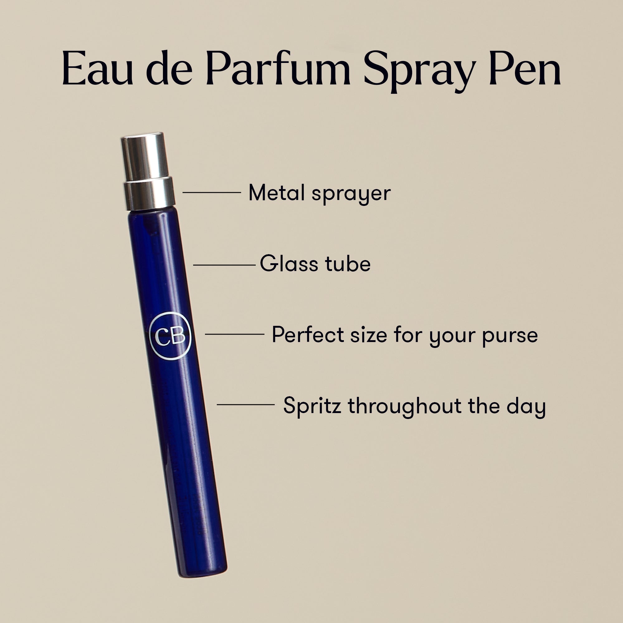 Eau de Parfum Spray Pen with features highlighted on a beige background