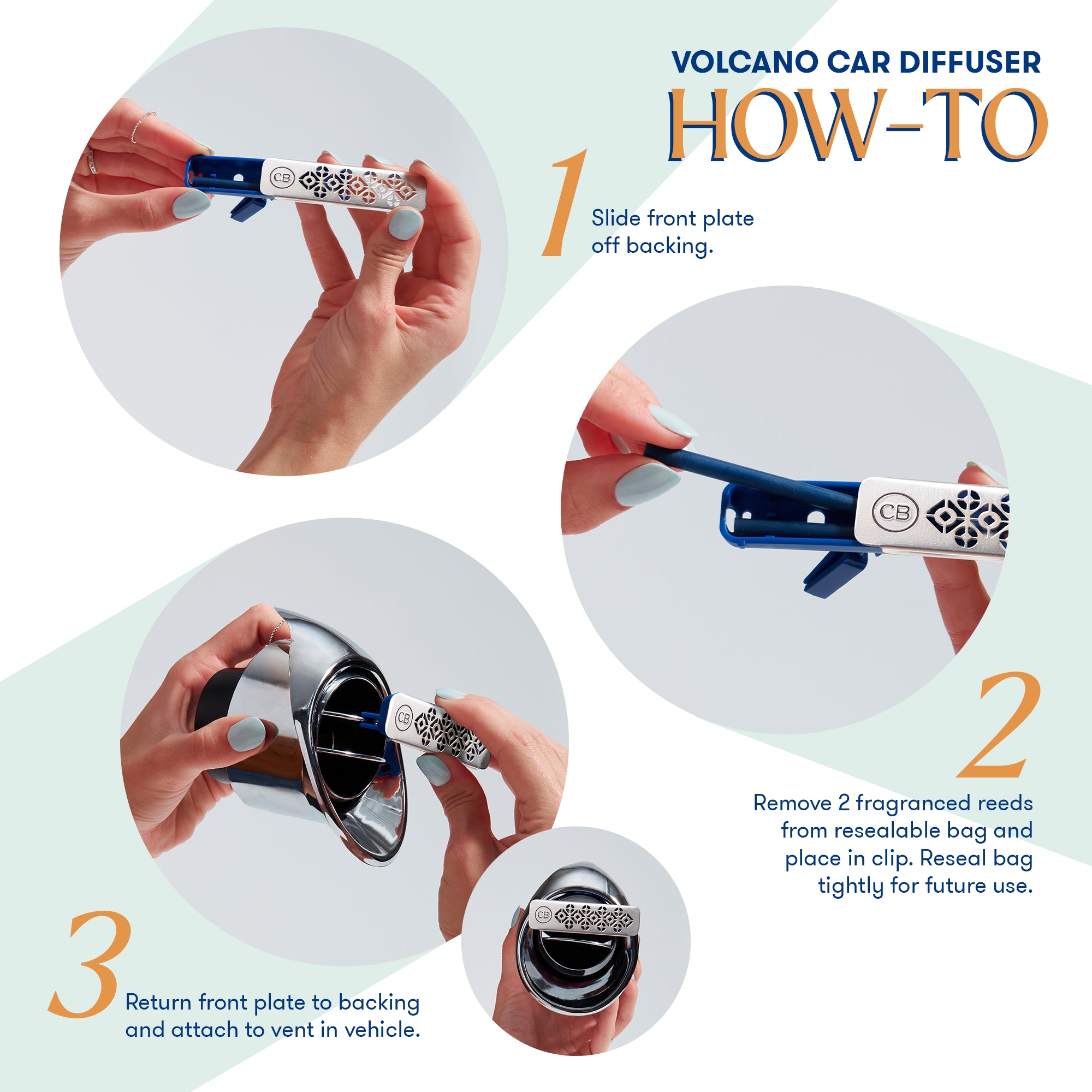 Step-by-step guide on using a Volcano car diffuser with close-up images of hands performing actions.