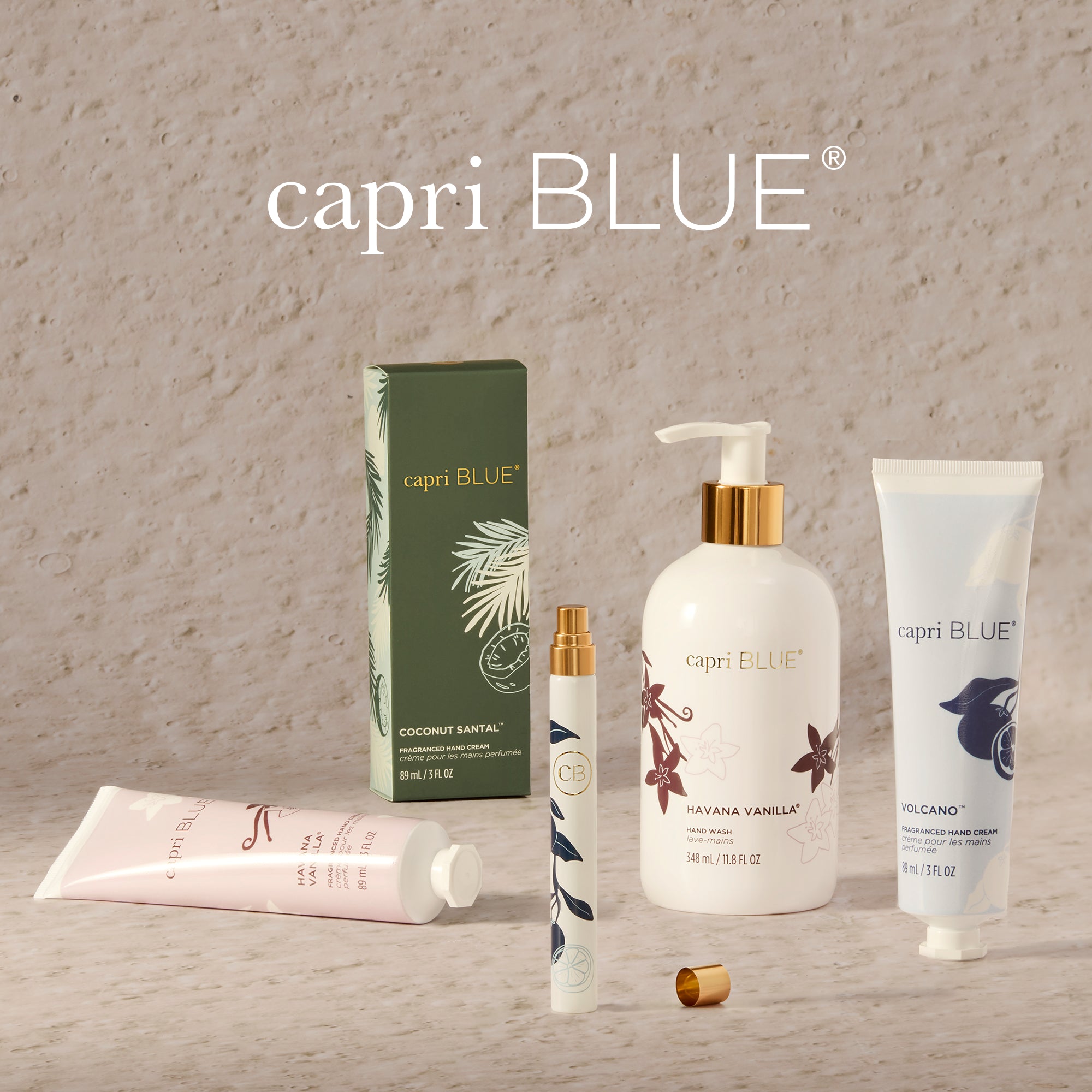 capri BLUE skincare products on a textured beige background