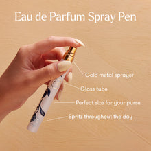 Eau de Parfum Spray Pen held by a hand with text describing its features on a beige background