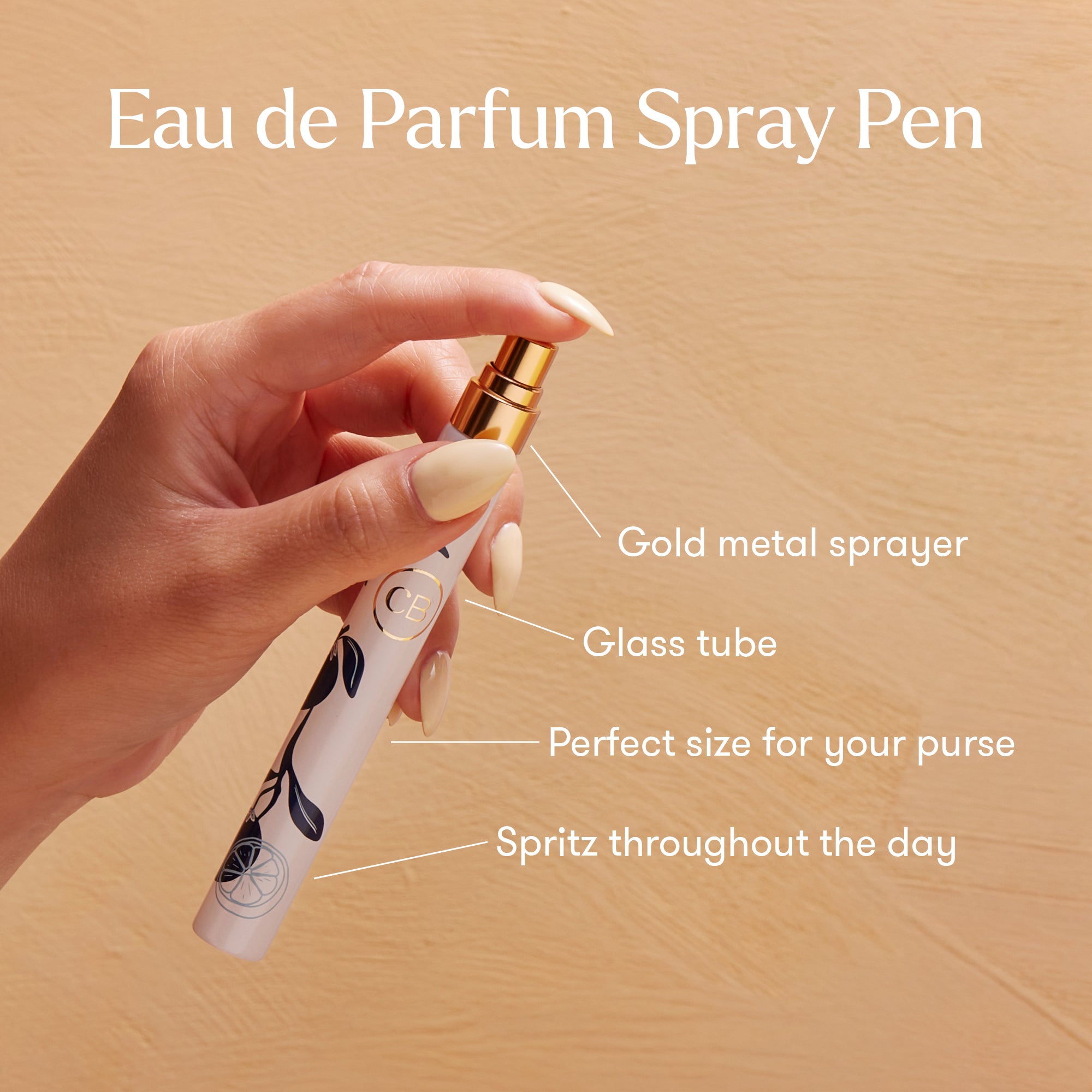 Eau de Parfum Spray Pen held by a hand with text describing its features on a beige background