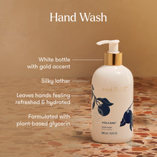Capri Blue hand wash bottle with features highlighted on a brown background
