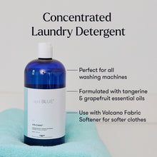 Bottle of concentrated laundry detergent with text on a light gray background