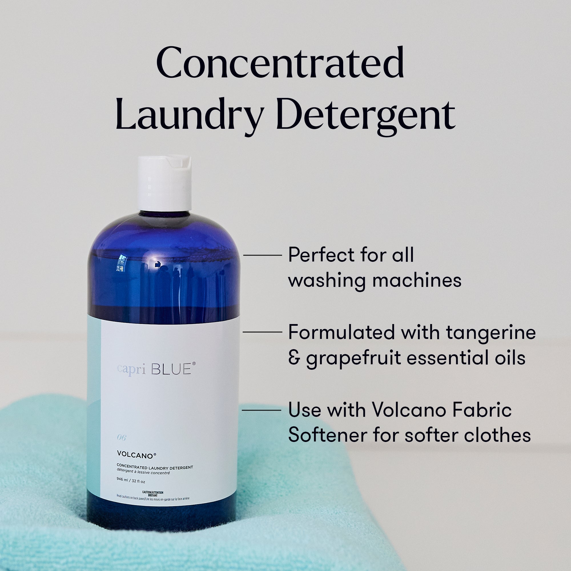 Bottle of concentrated laundry detergent with text on a light gray background
