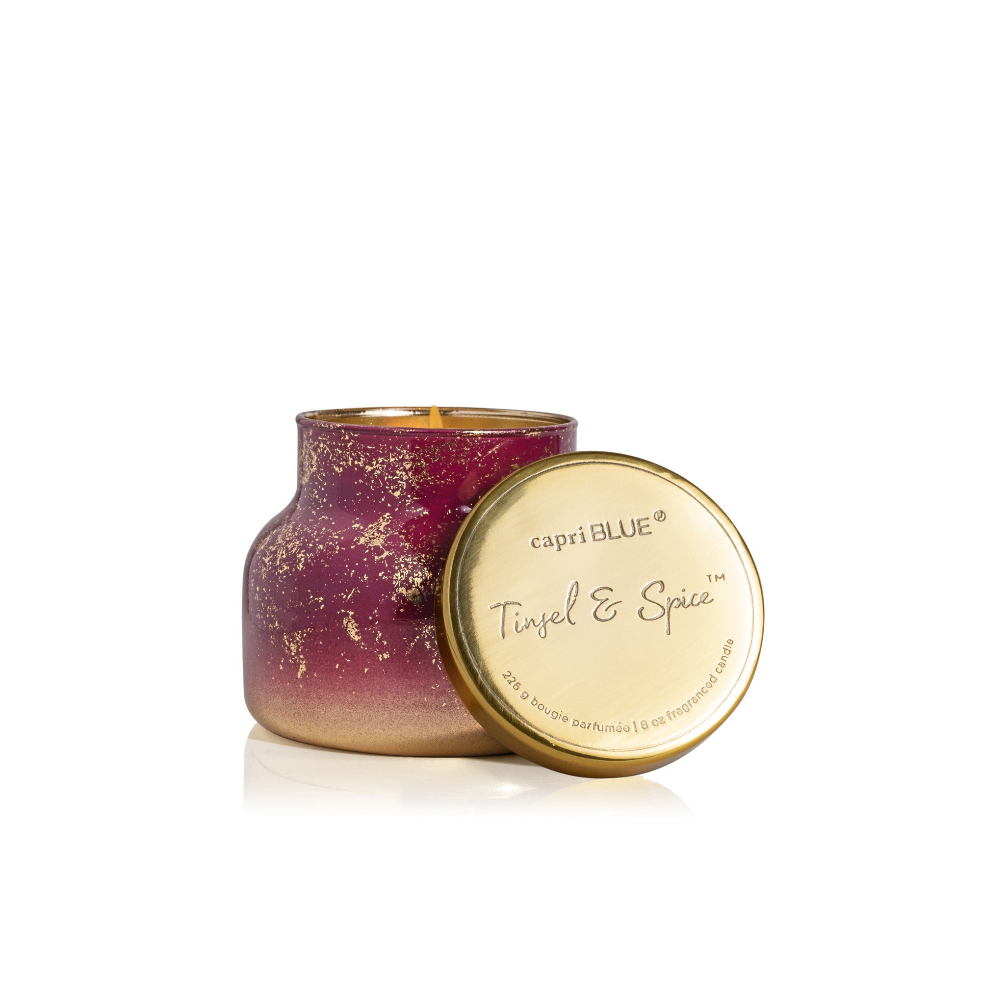Tinsel & Spice Glimmer Petite Candle, lit