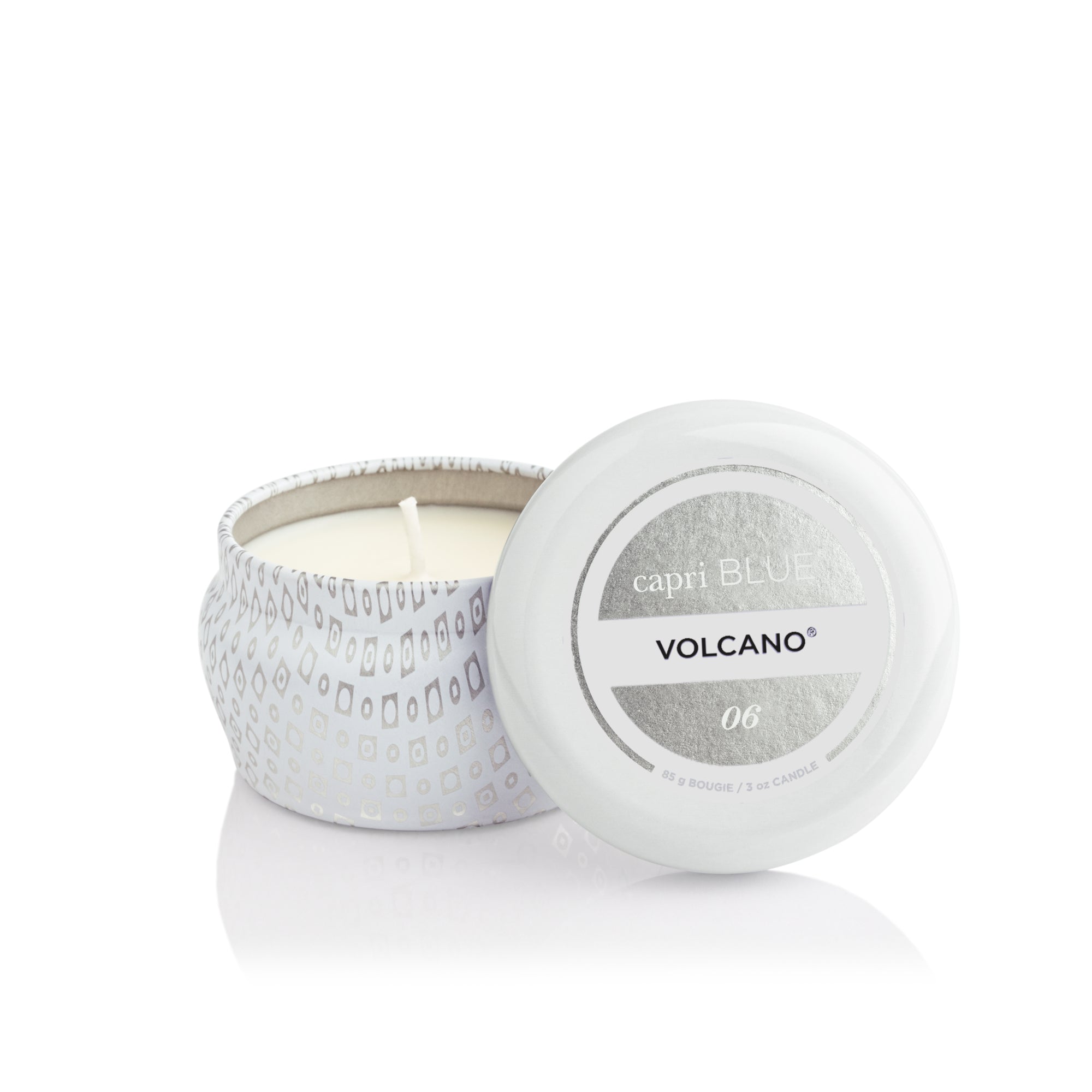 Volcano White Mini Tin Candle, open lid