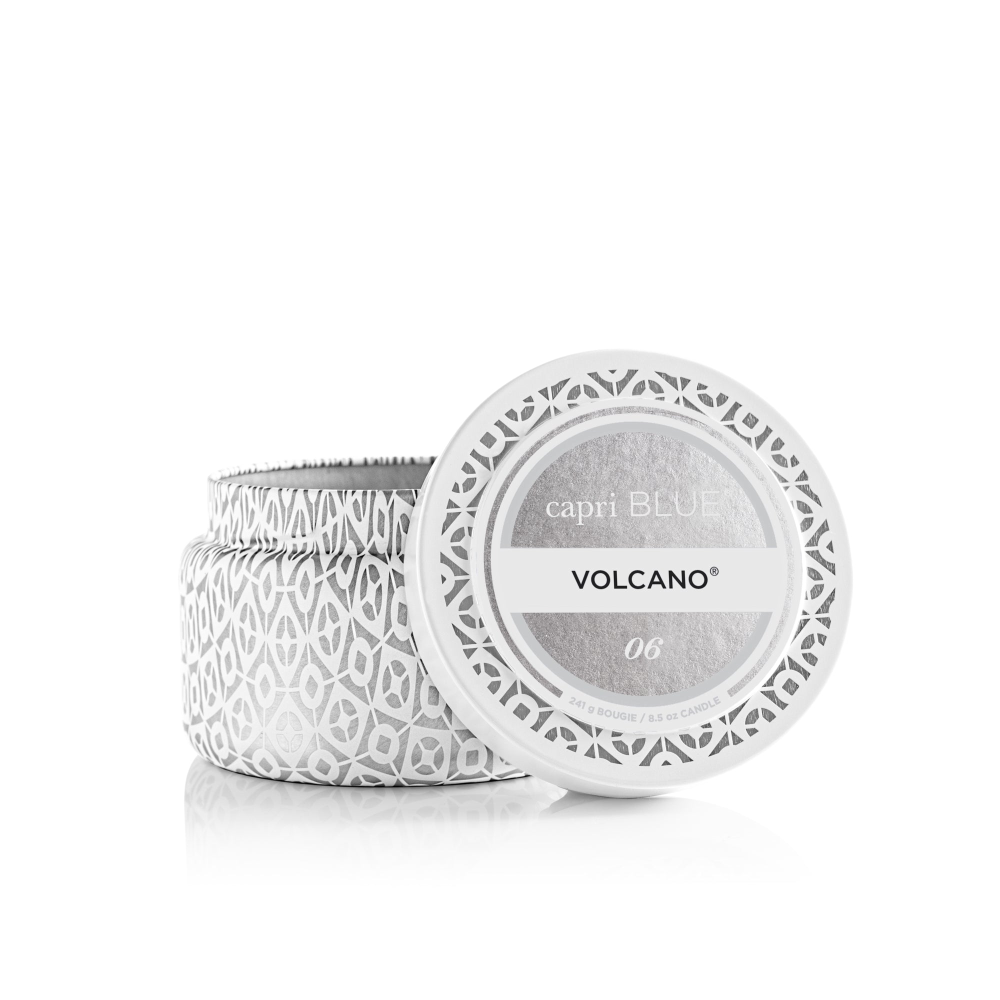 Volcano White Printed Travel Tin Candle, open lid